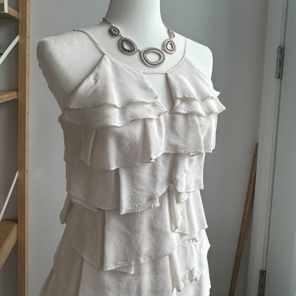 BCBGMAXAZRIA 100% Silk Ruffled Mini Dress – Ivory, Adjustable Straps, Size 6
